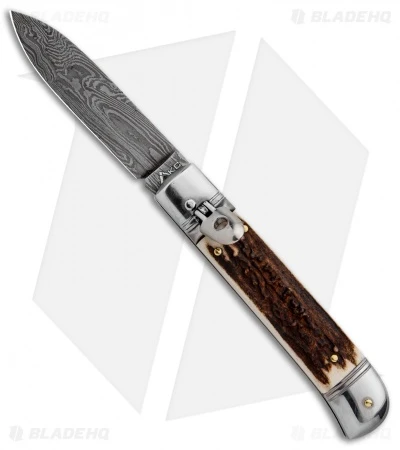 AKC Classic 8" Lever Lock Automatic Italian Knife Stag (3.2" Damascus) -Italian Blade Shop AKC Classic 8in LL Stag Horn Damascus Flat BP 30458 jr